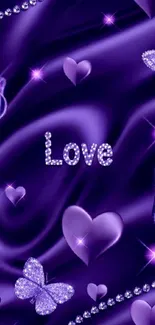 Romantic purple wallpaper with hearts, roses, and butterflies.