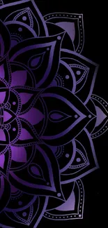 Elegant purple mandala on black background wallpaper for mobile.