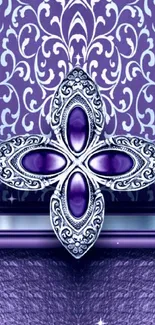 Elegant purple wallpaper with metallic ornate design.