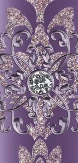 Elegant purple wallpaper with ornate designs and a central sparkling jewel.