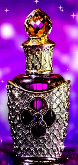 Ornate gold and purple perfume bottle with bokeh background.