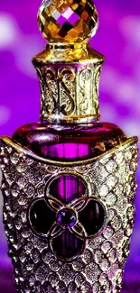 Intricately designed purple perfume bottle art.