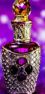 Luxurious purple perfume bottle with gold accents on a vibrant background.