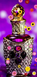 Purple perfume bottle with gold accents on a rich purple background.