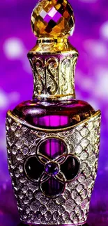 Luxurious purple perfume bottle with golden accents against a vibrant backdrop.