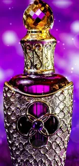 Luxurious purple perfume bottle with gold details on a purple bokeh background.