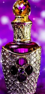 Luxurious purple perfume bottle with intricate gold detail.