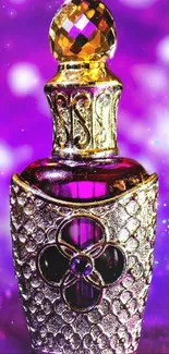 Elegant perfume bottle with purple and gold design on vivid background.