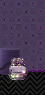 Elegant mobile wallpaper with purple theme and perfume bottle.