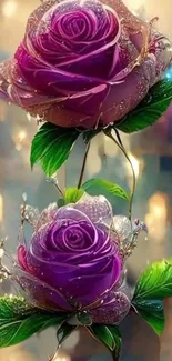 Elegant purple roses with dewdrops against a bokeh background.