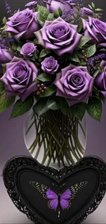 Elegant bouquet of purple roses with butterfly heart frame.