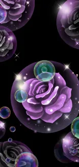 Mobile wallpaper with purple rose bubbles on black background.