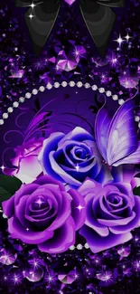 Purple roses and butterfly with black ribbon on a sparkling background.