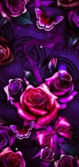 Elegant purple rose and butterfly wallpaper.