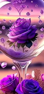 Purple rose encased in glass globe with sunset background.