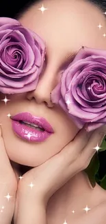 Woman's face with purple roses covering eyes.