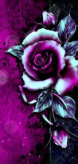 Elegant mobile wallpaper featuring a purple rose and black floral patterns.