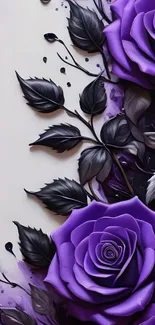 Elegant wallpaper with purple roses and dark leaves.