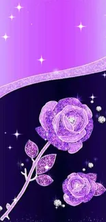 Purple rose with glitter on elegant wallpaper.