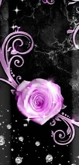 Elegant wallpaper with purple rose and curls on dark background.