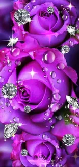 Elegant purple roses with diamonds and water droplets on a mobile wallpaper.