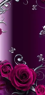 Purple rose wallpaper with silver butterflies.