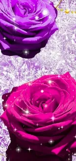 Vibrant purple and pink roses with sparkle accents on a mobile wallpaper.