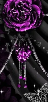 Elegant purple rose with jewelry and a butterfly on black background.