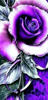 Elegant purple rose wallpaper with green leaves and intricate design.