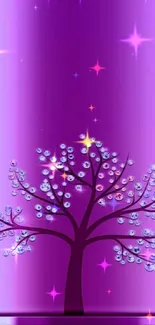 Purple wallpaper with artistic tree and jeweled branches.