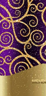 Purple wallpaper with golden swirls design