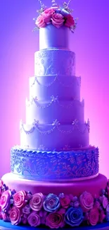 Elegant purple and pink wedding cake with floral designs.