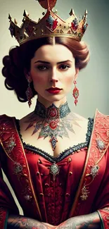 Majestic queen with tattoos in red attire and golden crown.