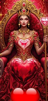 Artistic portrayal of the regal Queen of Hearts seated on an intricate throne.