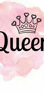 Queen text with crown on pink watercolor background.