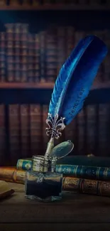 Quill and ink set on a vintage desk with old books.