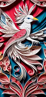 Intricate quilling art design featuring a colorful bird on a vibrant wallpaper.