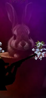 Cute rabbit with purple background and hunter silhouette.