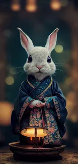 Digital art of a rabbit in a kimono holding a lantern, perfect for mobile wallpaper.