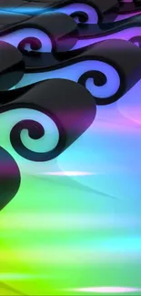 Elegant black swirls with gradient rainbow background.