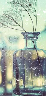 Glass vase with raindrops in soft focus background.