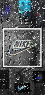 Nike logo with raindrops on stylish wallpaper.