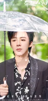 Portrait under a clear umbrella with rain drops and blurred green background.