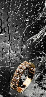 Elegant gold ring amidst raindrops on a dark background.