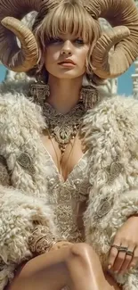 Woman in elegant fashion with ram horns.