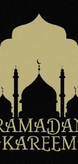 Ramadan Kareem wallpaper with mosque silhouette on beige background.