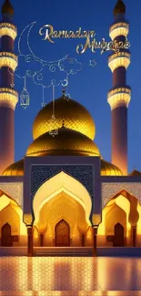 Elegant mosque wallpaper with golden domes celebrating Ramadan under a night sky.