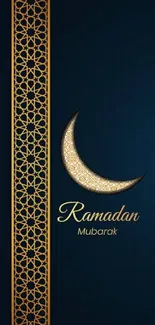 Dark blue Ramadan wallpaper with gold crescent and decoration.