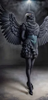 Human figure with raven wings in a dark, artistic atmosphere, captivating design.