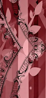 Elegant red abstract wallpaper with leaf patterns and curved details.